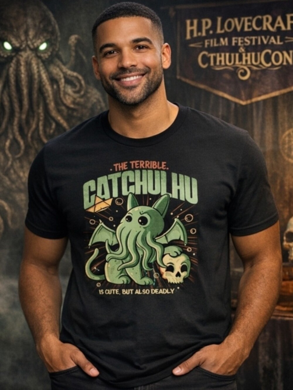 NWOT Men's XL Cthulhu Cat Catchulhu HP Lovecraft Unisex Tee T-shirt – Cute Gift!